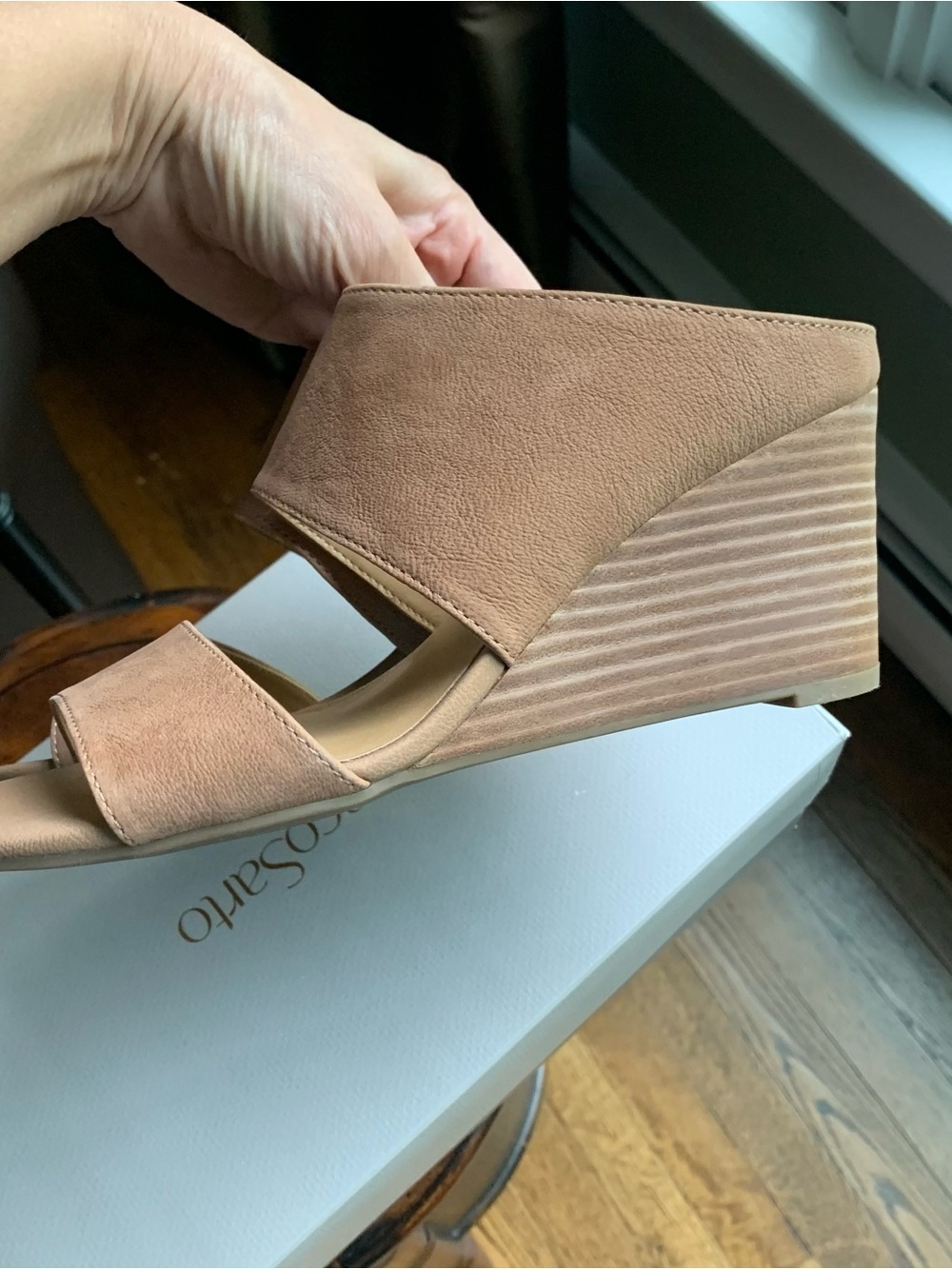 NIB NWT Franco Sarto Real Leather Slip-on Sandal Mule Wedge Sz 8 in Sand